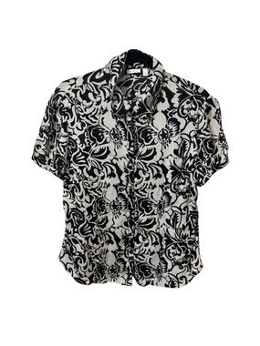Semantiks Black and White Floral Short-Sleeve Button-Down Silk Blouse Large